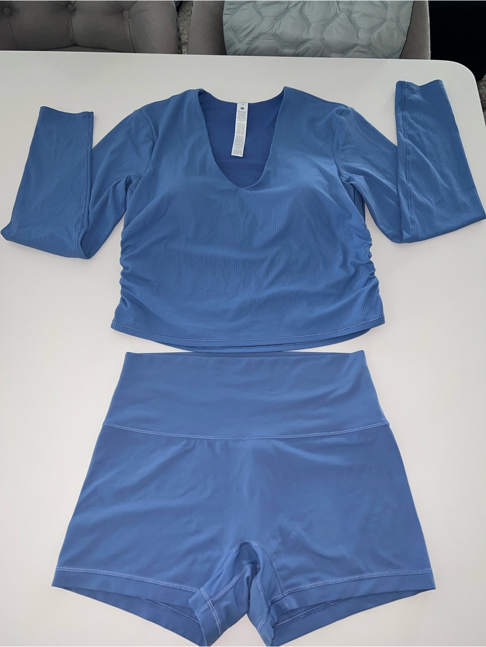 Lululemon Prep Blue All It Takes LS Rib 14 & Align No Line 4” short 12 Set
